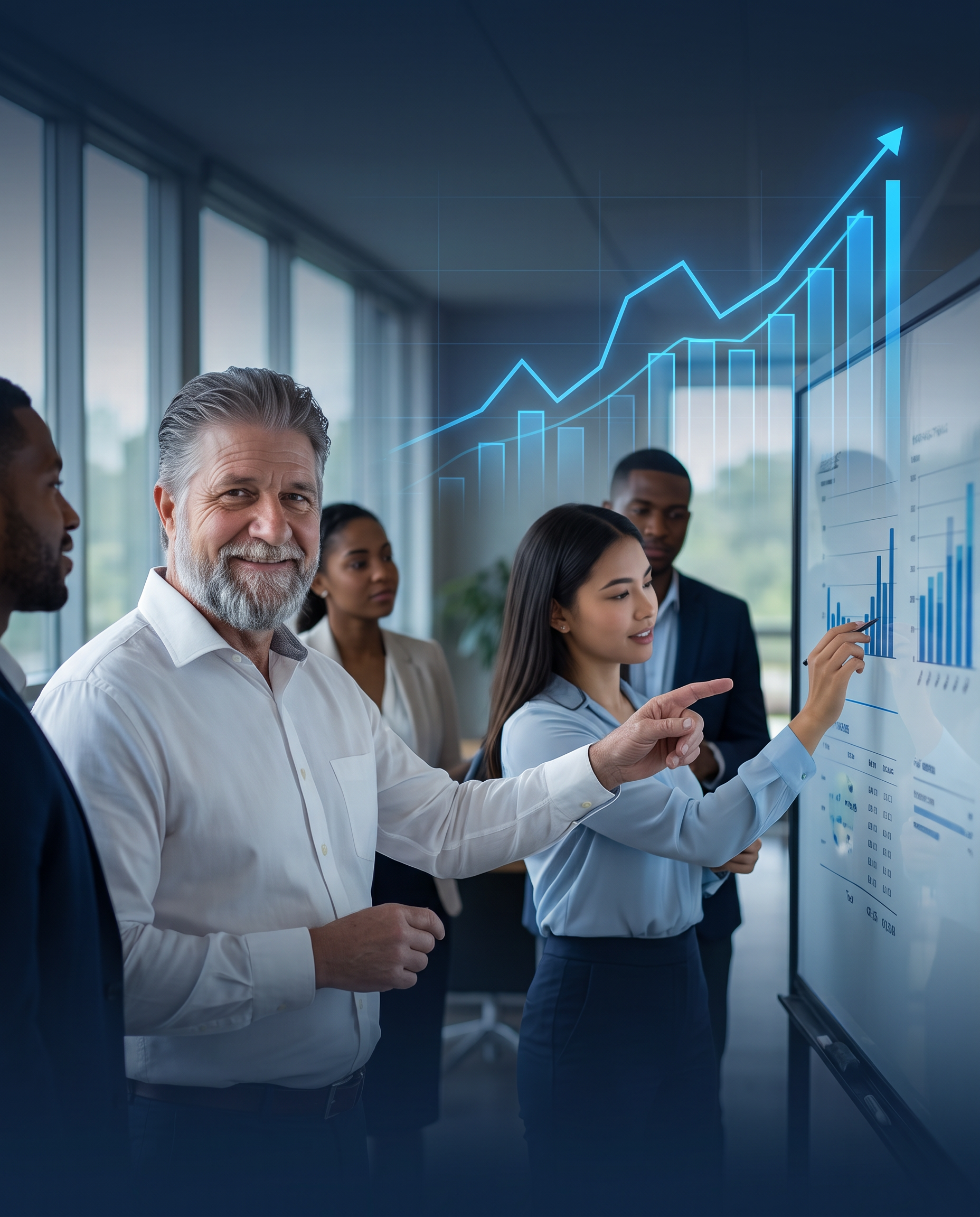 Dr. George Hanshaw coaching a professional team toward rising performance results, with an upward growth graph